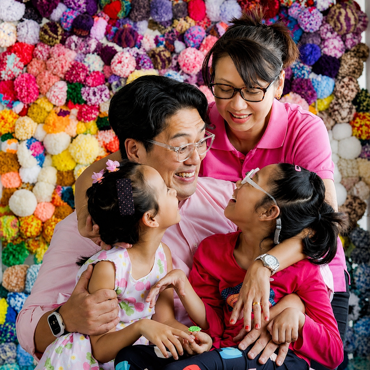 Family of four smiling